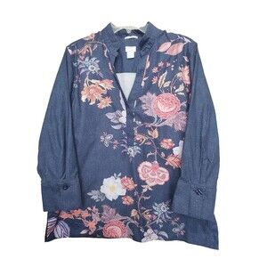 Chico's No Iron Chic Stretch Denim-Look Floral Henley Tunic Size 2 Large